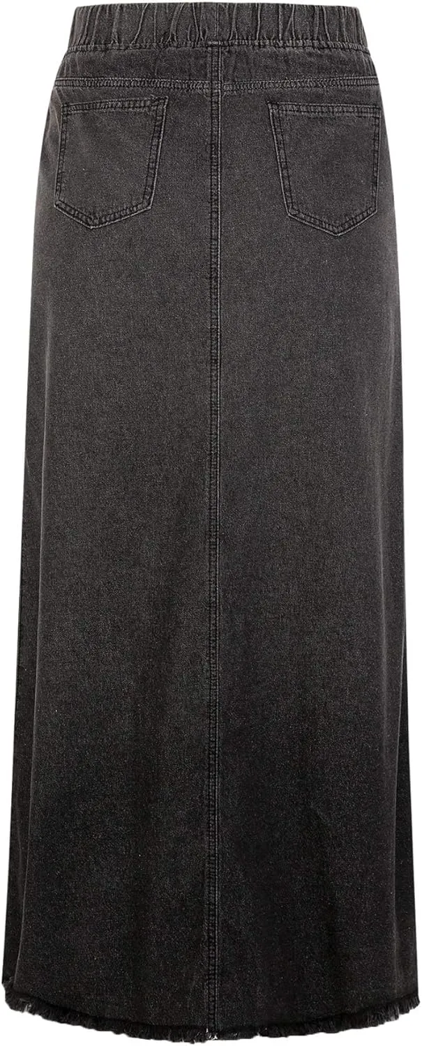 ebossy Women's Casual Elastic Waist Frayed Hem A-Line Distressed Hippie Long Maxi Denim Skirt