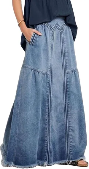 ebossy Women's Casual Elastic Waist Frayed Hem A-Line Distressed Hippie Long Maxi Denim Skirt