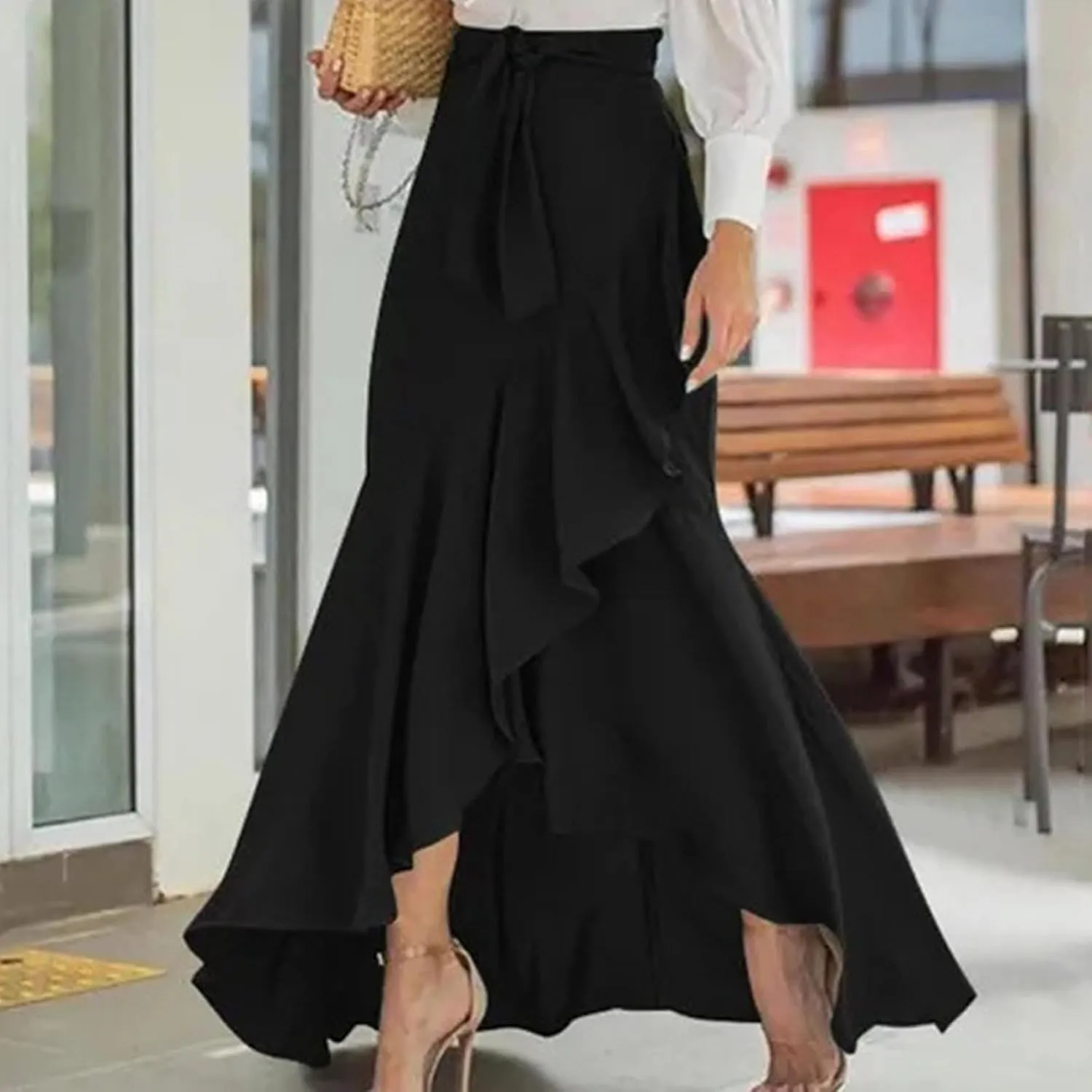 Elegant Irregular Ruffle Hem Maxi Skirts for Women High Waisted Stretch A Line Long Skirt 2025 Stylish Dress