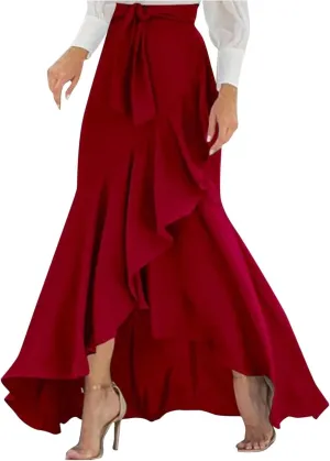 Elegant Irregular Ruffle Hem Maxi Skirts for Women High Waisted Stretch A Line Long Skirt 2025 Stylish Dress
