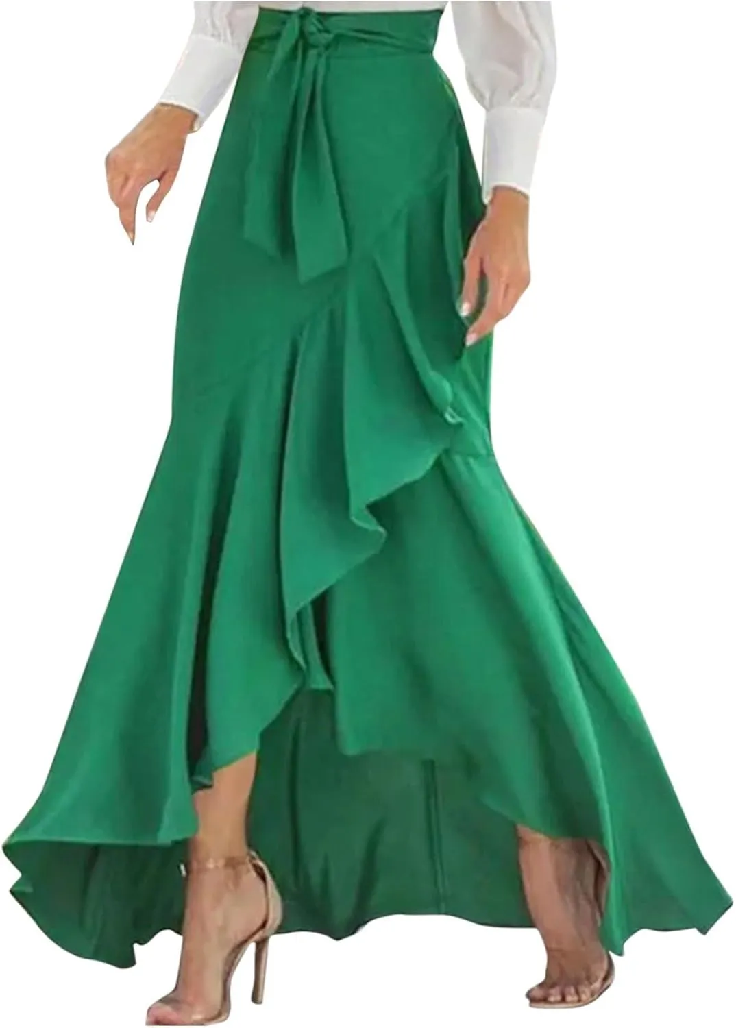 Elegant Irregular Ruffle Hem Maxi Skirts for Women High Waisted Stretch A Line Long Skirt 2025 Stylish Dress