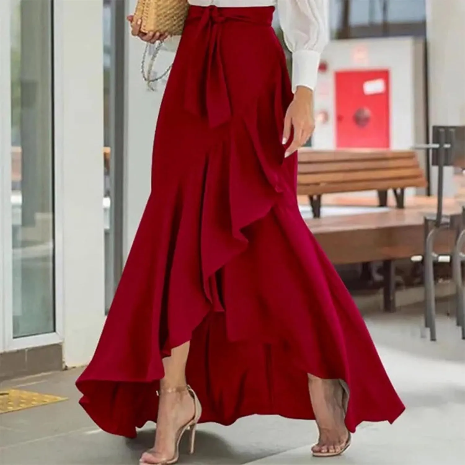 Elegant Irregular Ruffle Hem Maxi Skirts for Women High Waisted Stretch A Line Long Skirt 2025 Stylish Dress