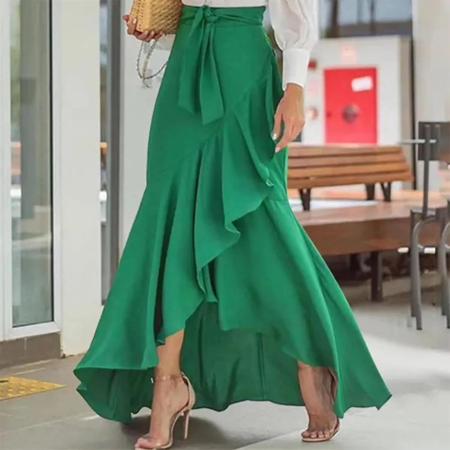 Elegant Irregular Ruffle Hem Maxi Skirts for Women High Waisted Stretch A Line Long Skirt 2025 Stylish Dress