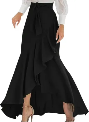 Elegant Irregular Ruffle Hem Maxi Skirts for Women High Waisted Stretch A Line Long Skirt 2025 Stylish Dress