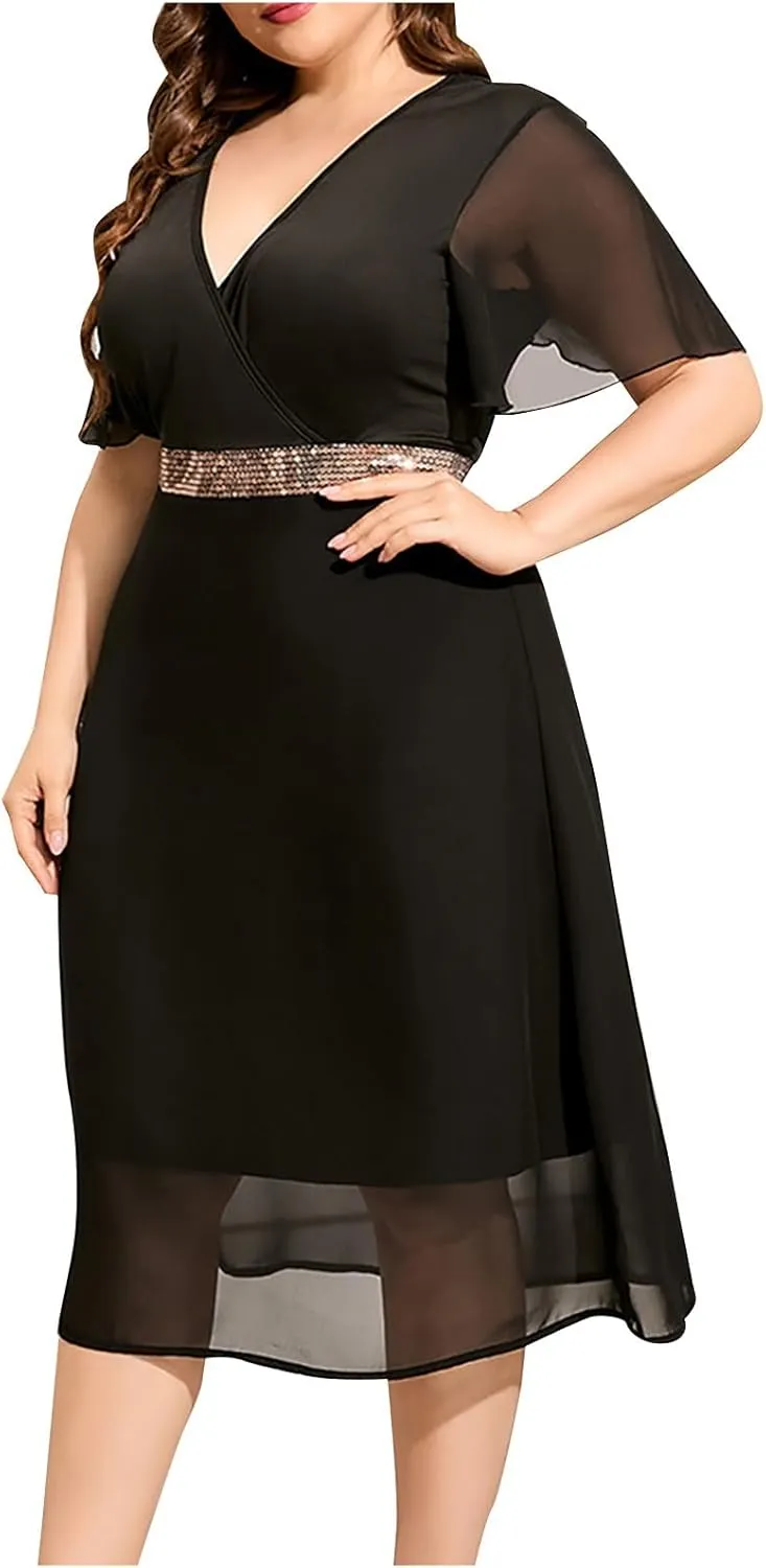 Elegant V Neck Dress for Women Fashionable Ruffle Sleeve Chiffon Midi Skirt Front Tie Wrap Comfy Dresses Prom Gowns