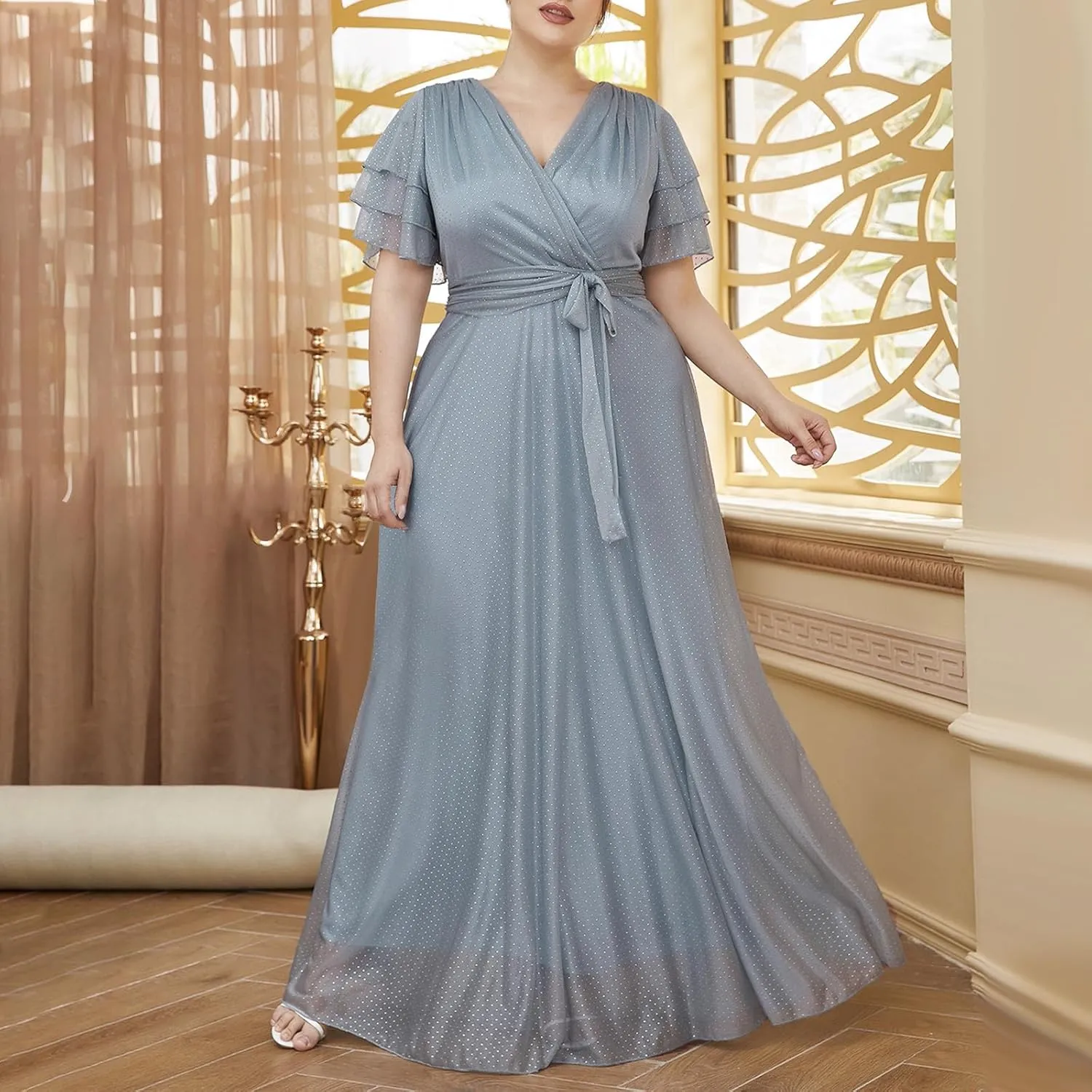 Elegant V Neck Dress for Women Fashionable Ruffle Sleeve Chiffon Midi Skirt Front Tie Wrap Comfy Dresses Prom Gowns