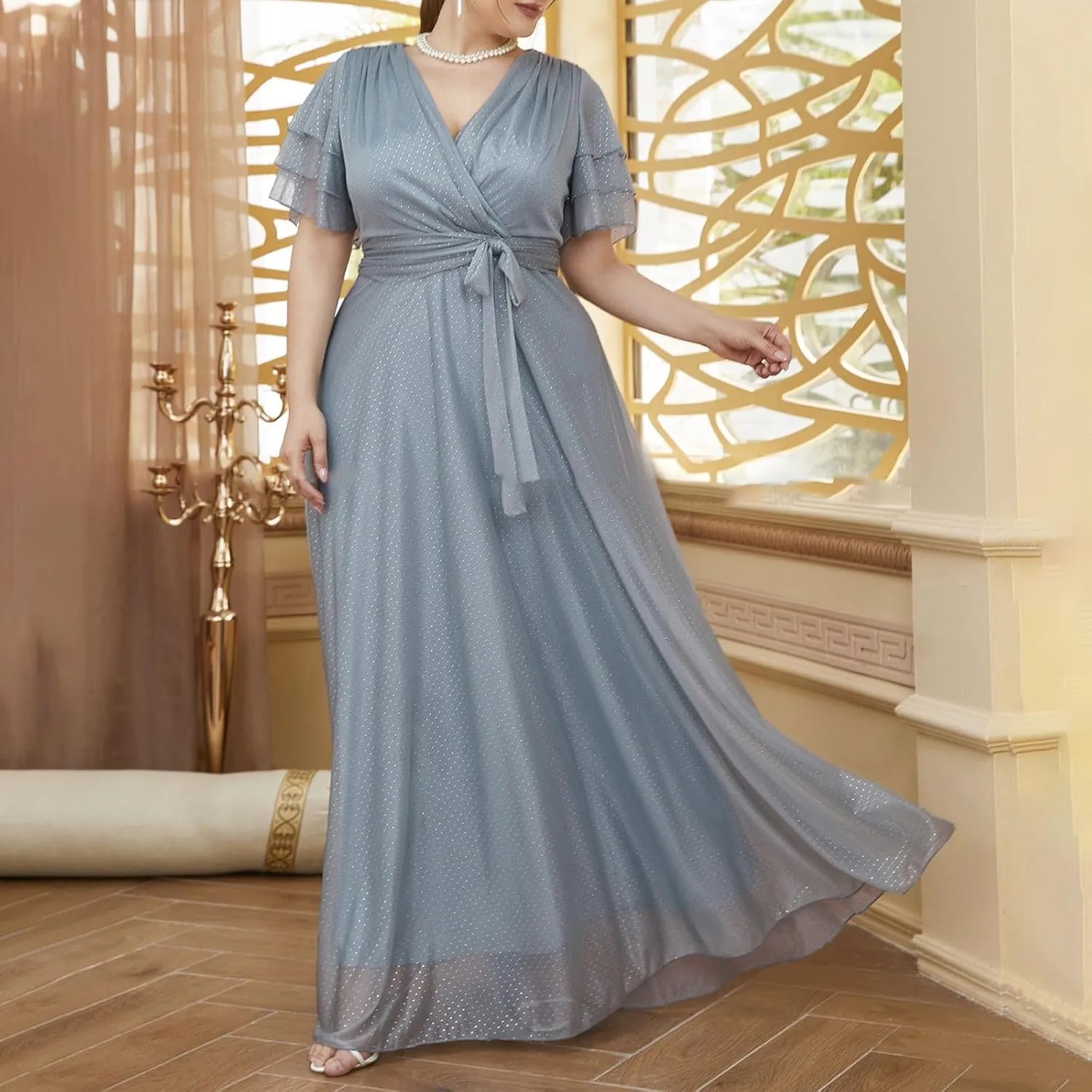Elegant V Neck Dress for Women Fashionable Ruffle Sleeve Chiffon Midi Skirt Front Tie Wrap Comfy Dresses Prom Gowns