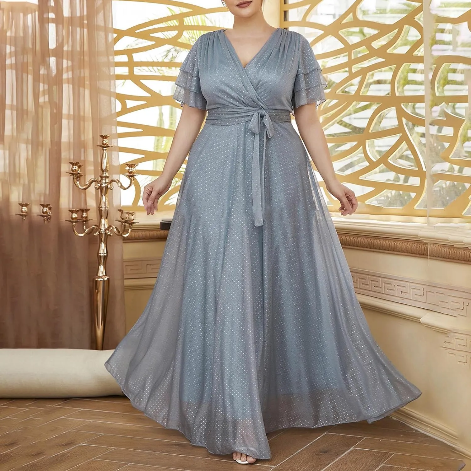 Elegant V Neck Dress for Women Fashionable Ruffle Sleeve Chiffon Midi Skirt Front Tie Wrap Comfy Dresses Prom Gowns
