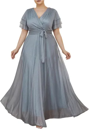 Elegant V Neck Dress for Women Fashionable Ruffle Sleeve Chiffon Midi Skirt Front Tie Wrap Comfy Dresses Prom Gowns