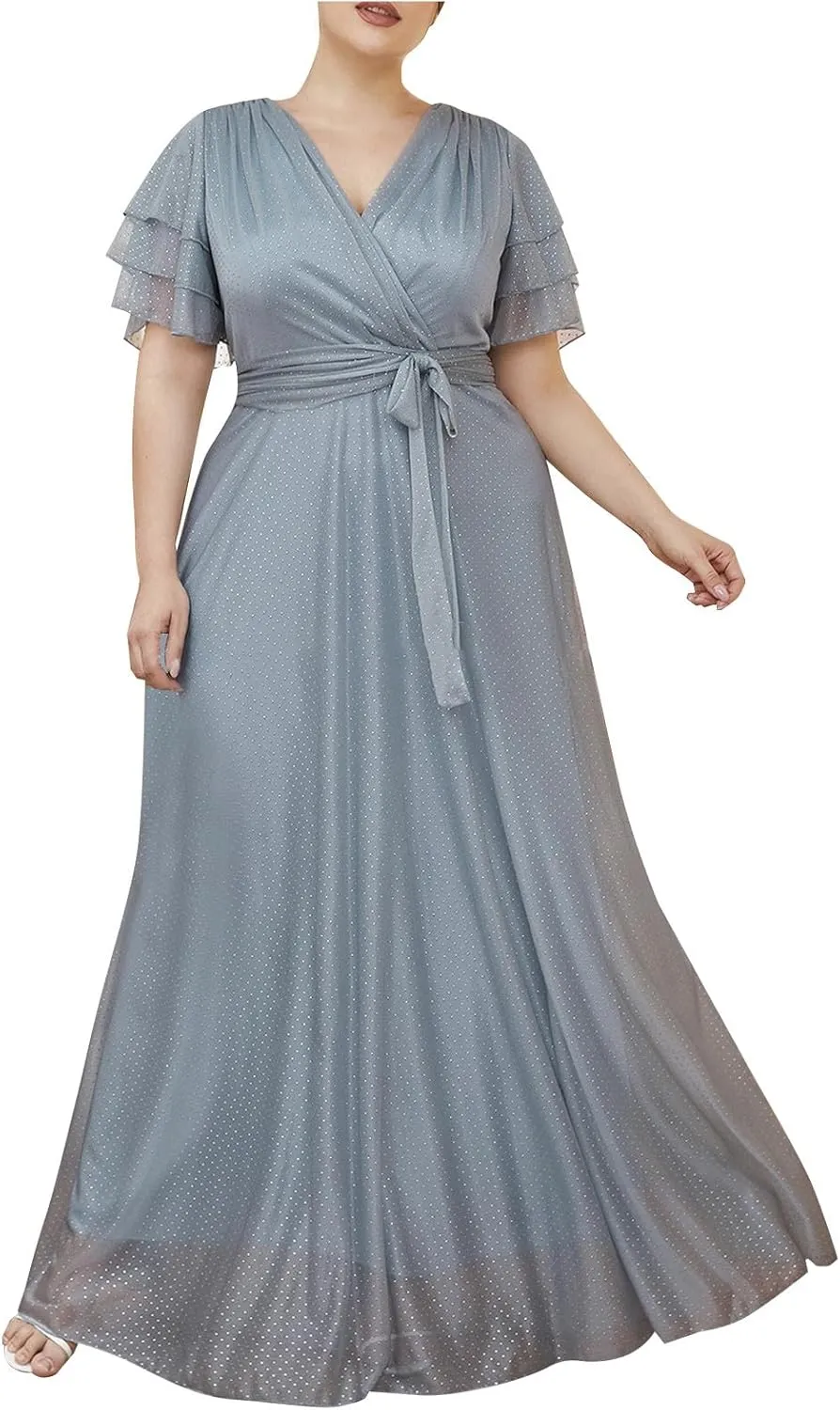 Elegant V Neck Dress for Women Fashionable Ruffle Sleeve Chiffon Midi Skirt Front Tie Wrap Comfy Dresses Prom Gowns