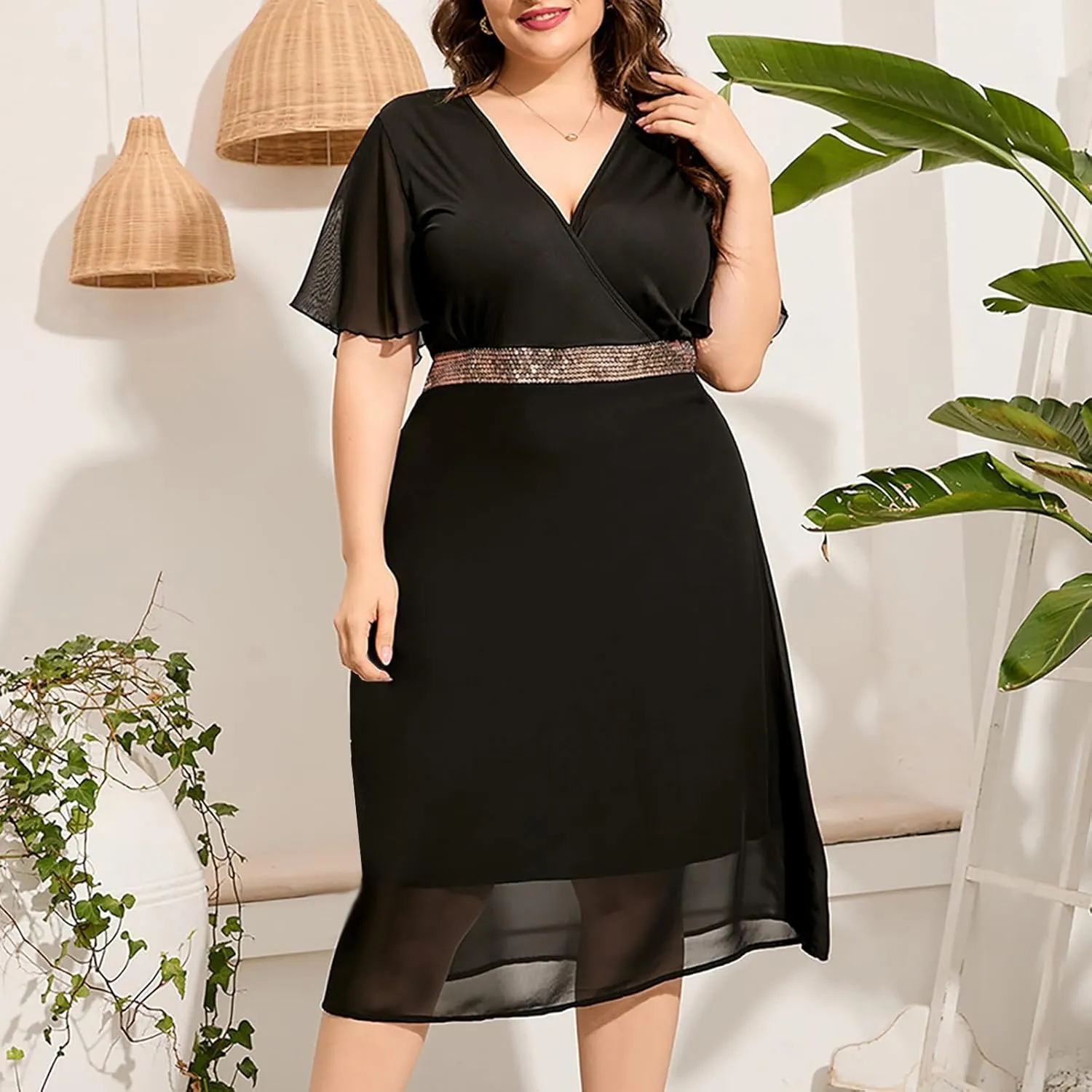 Elegant V Neck Dress for Women Fashionable Ruffle Sleeve Chiffon Midi Skirt Front Tie Wrap Comfy Dresses Prom Gowns