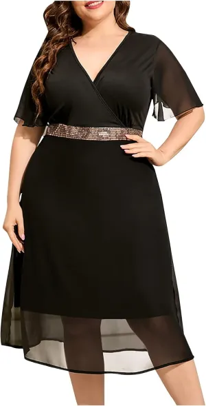 Elegant V Neck Dress for Women Fashionable Ruffle Sleeve Chiffon Midi Skirt Front Tie Wrap Comfy Dresses Prom Gowns