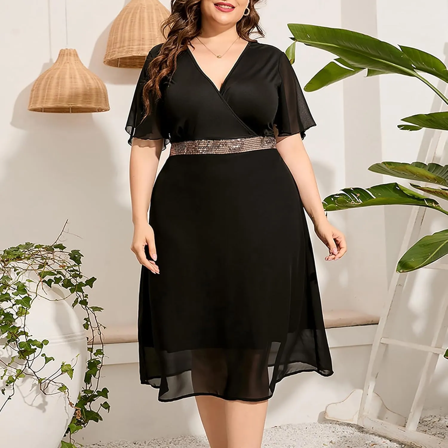 Elegant V Neck Dress for Women Fashionable Ruffle Sleeve Chiffon Midi Skirt Front Tie Wrap Comfy Dresses Prom Gowns