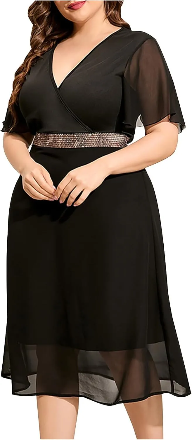 Elegant V Neck Dress for Women Fashionable Ruffle Sleeve Chiffon Midi Skirt Front Tie Wrap Comfy Dresses Prom Gowns