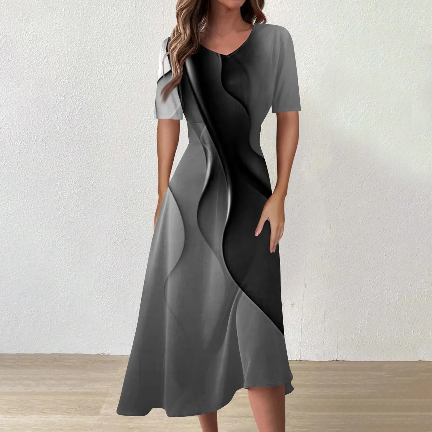 FlekmanArt Maxi Dress for Women Print Short Sleeve A-Line Beach Waist V Neck Trendy Swing Dress