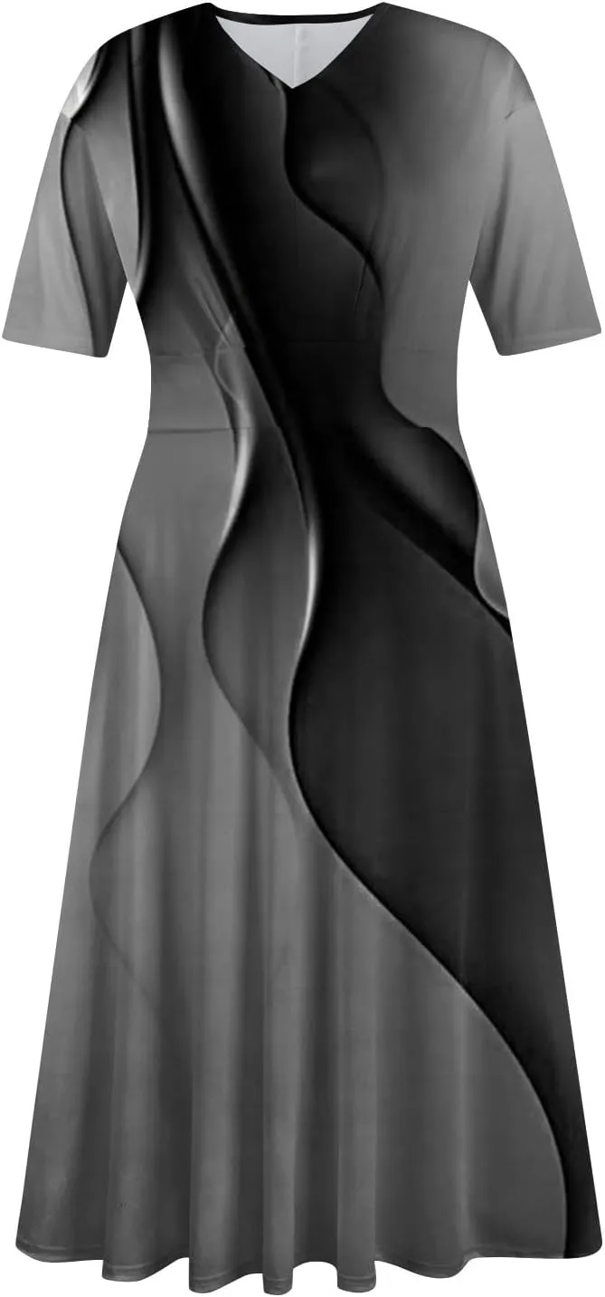 FlekmanArt Maxi Dress for Women Print Short Sleeve A-Line Beach Waist V Neck Trendy Swing Dress