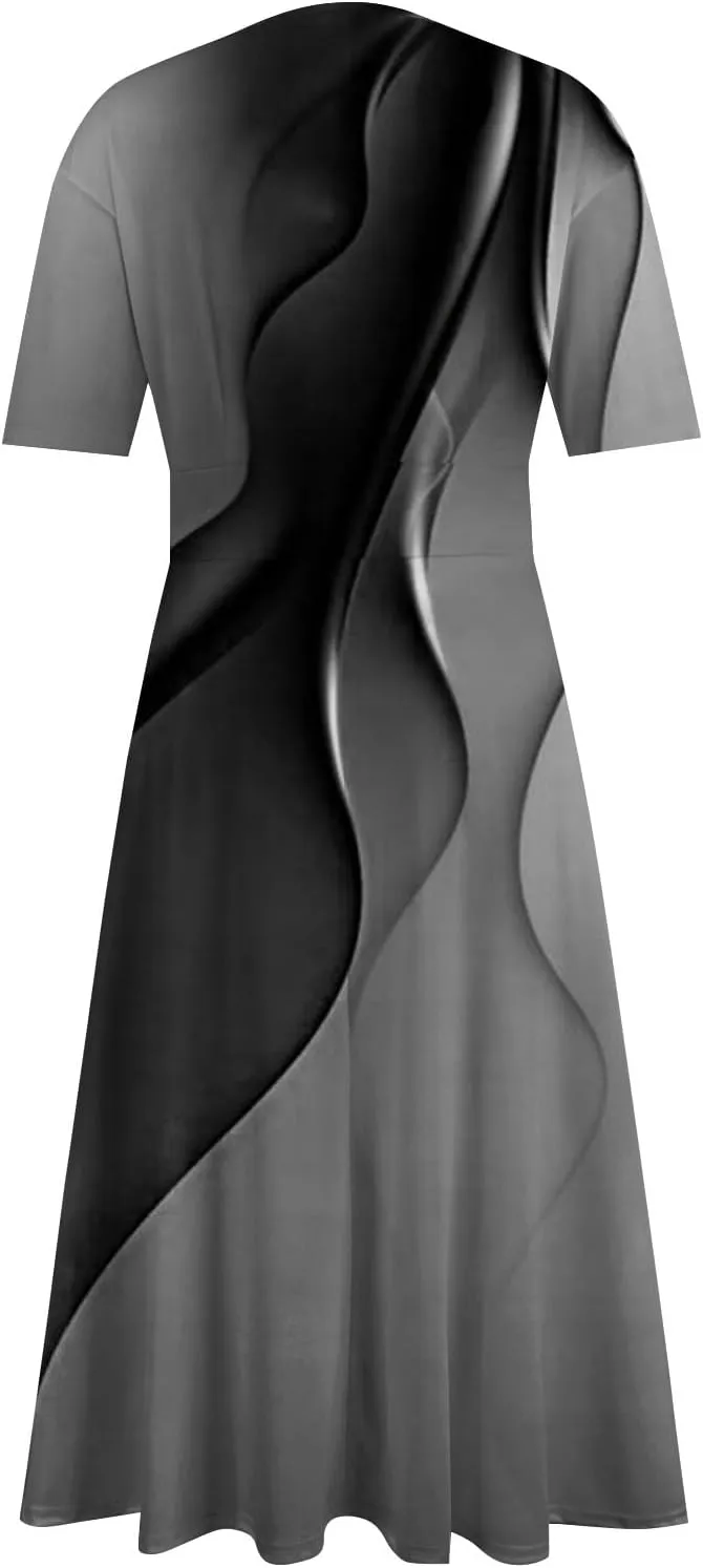 FlekmanArt Maxi Dress for Women Print Short Sleeve A-Line Beach Waist V Neck Trendy Swing Dress