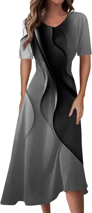 FlekmanArt Maxi Dress for Women Print Short Sleeve A-Line Beach Waist V Neck Trendy Swing Dress