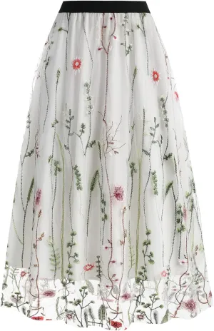 Floral Embroidered Women's Skirts - Vintage Tulle Wedding & Prom A-Line Flower Skirts with Elastic Waist
