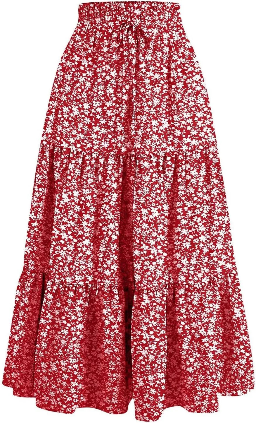 Floral Maxi Skirt for Women Summer Comfy Tiered Elastic High Waisted Skirts Vacation A-Line Flowy Swing Long Skirts