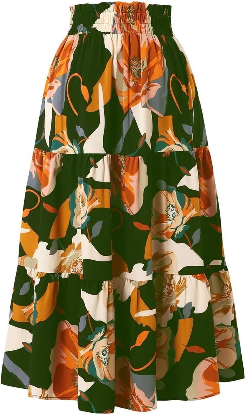 Floral Maxi Skirt for Women Summer Comfy Tiered Elastic High Waisted Skirts Vacation A-Line Flowy Swing Long Skirts