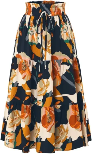 Floral Maxi Skirt for Women Summer Comfy Tiered Elastic High Waisted Skirts Vacation A-Line Flowy Swing Long Skirts