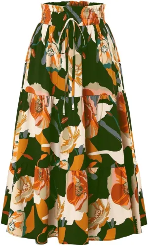 Floral Maxi Skirt for Women Summer Comfy Tiered Elastic High Waisted Skirts Vacation A-Line Flowy Swing Long Skirts