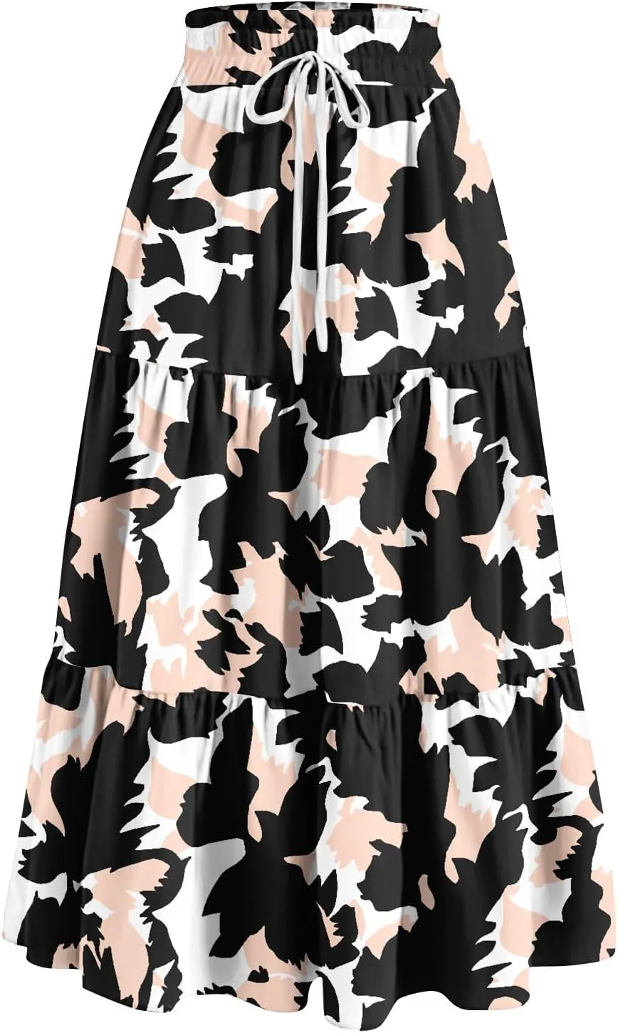 Floral Maxi Skirt for Women Summer Comfy Tiered Elastic High Waisted Skirts Vacation A-Line Flowy Swing Long Skirts