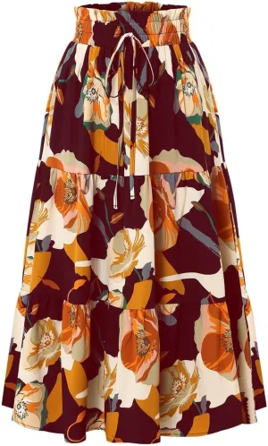 Floral Maxi Skirt for Women Summer Comfy Tiered Elastic High Waisted Skirts Vacation A-Line Flowy Swing Long Skirts