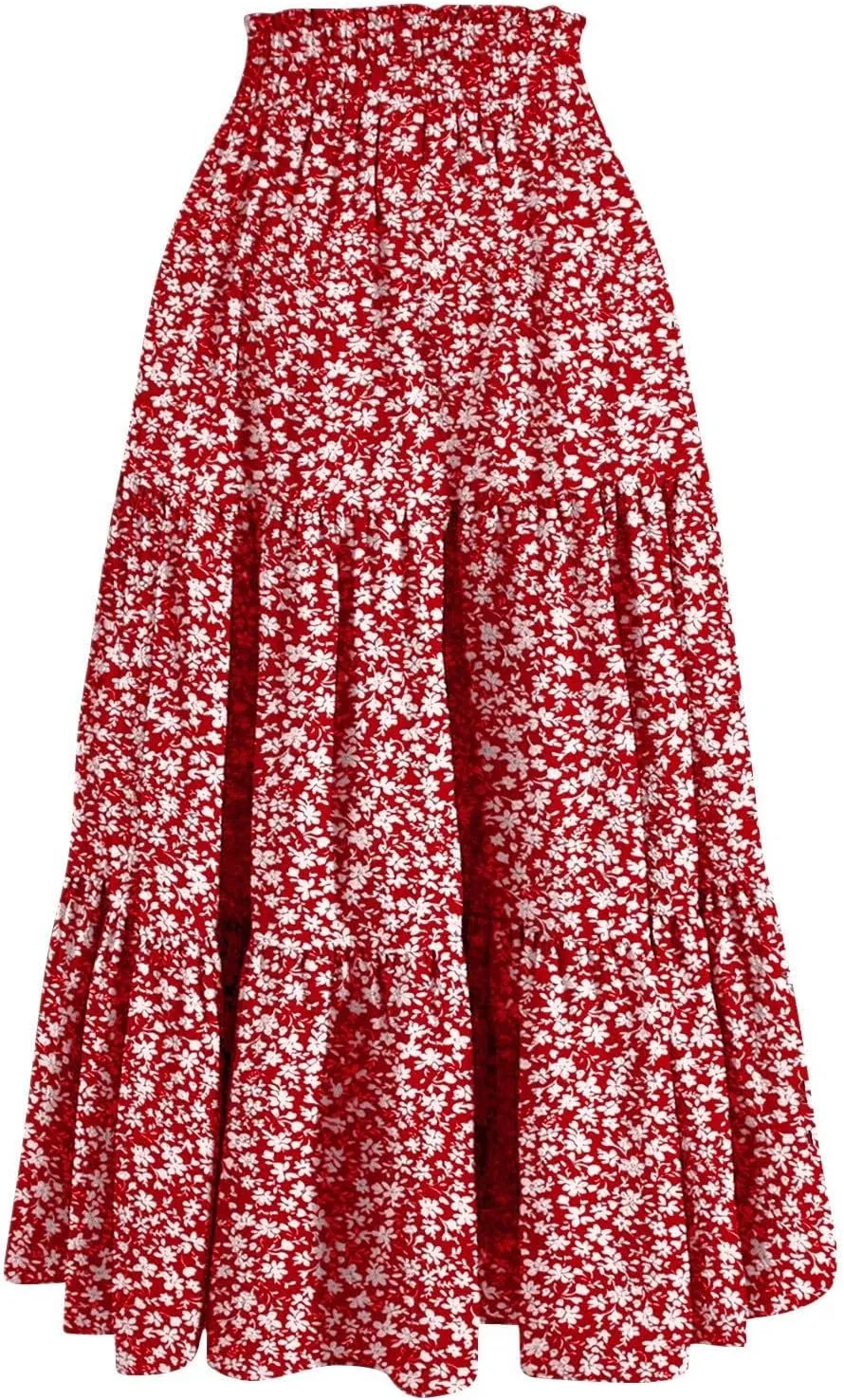 Floral Maxi Skirt for Women Summer Comfy Tiered Elastic High Waisted Skirts Vacation A-Line Flowy Swing Long Skirts