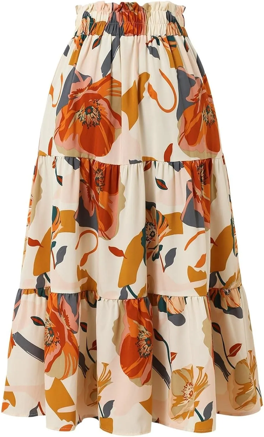 Floral Maxi Skirt for Women Summer Comfy Tiered Elastic High Waisted Skirts Vacation A-Line Flowy Swing Long Skirts