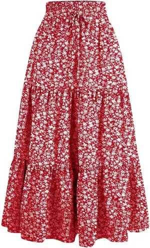 Floral Maxi Skirt for Women Summer Comfy Tiered Elastic High Waisted Skirts Vacation A-Line Flowy Swing Long Skirts