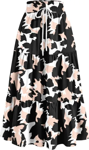 Floral Maxi Skirt for Women Summer Comfy Tiered Elastic High Waisted Skirts Vacation A-Line Flowy Swing Long Skirts