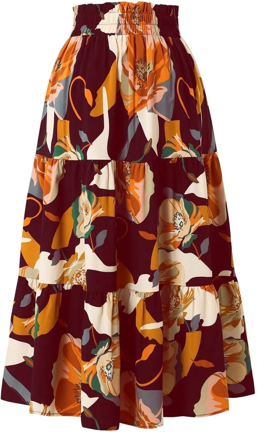 Floral Maxi Skirt for Women Summer Comfy Tiered Elastic High Waisted Skirts Vacation A-Line Flowy Swing Long Skirts