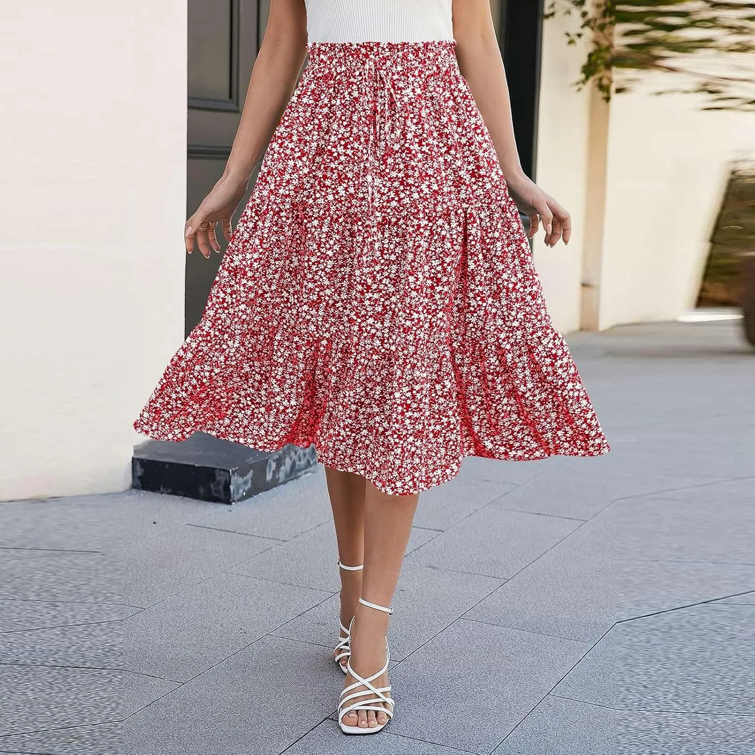 Floral Maxi Skirt for Women Summer Comfy Tiered Elastic High Waisted Skirts Vacation A-Line Flowy Swing Long Skirts