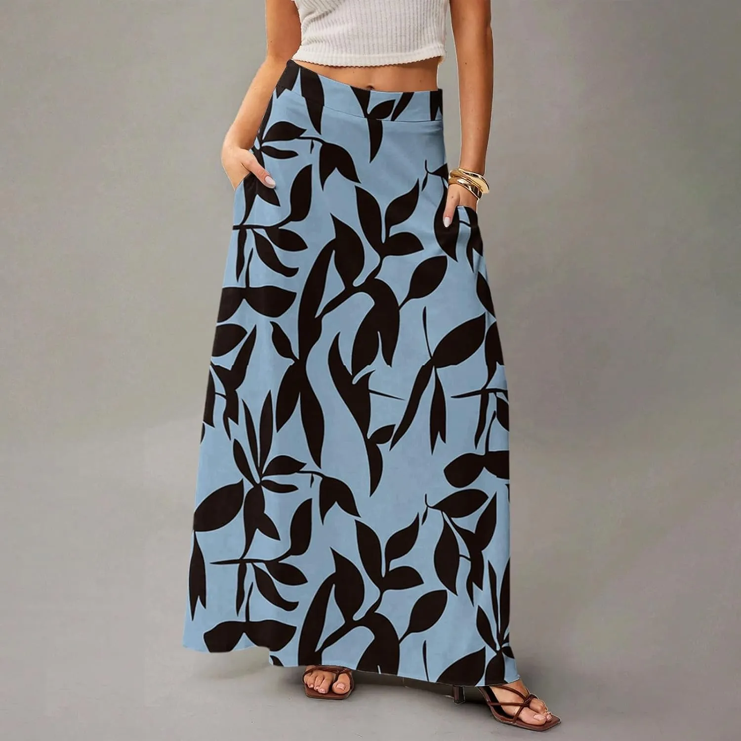 Floral Maxi Skirts for Women Trendy Summer Casual Flowy High Waisted Plus Size Long Boho Beach Skirt with Pockets