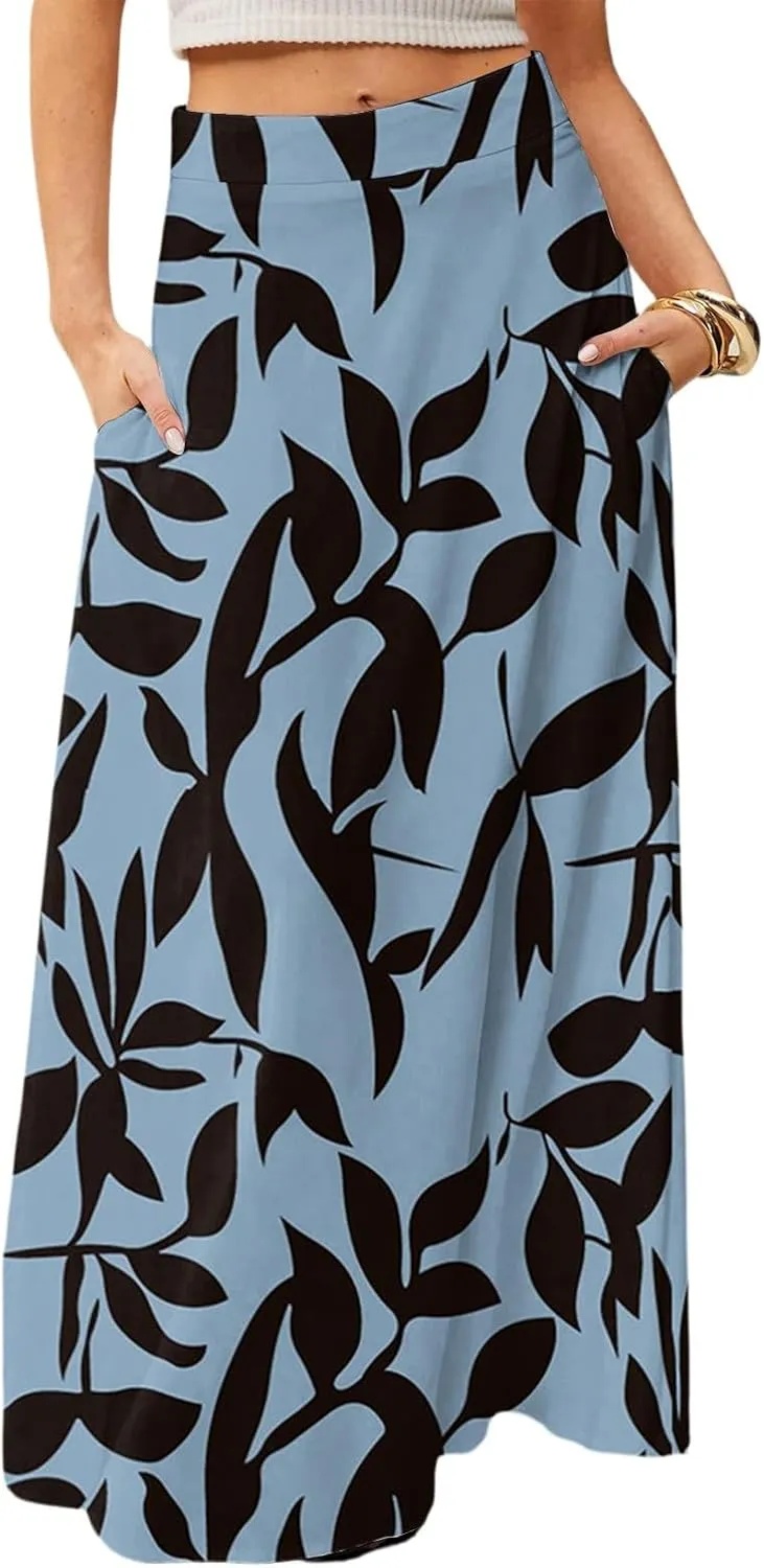 Floral Maxi Skirts for Women Trendy Summer Casual Flowy High Waisted Plus Size Long Boho Beach Skirt with Pockets