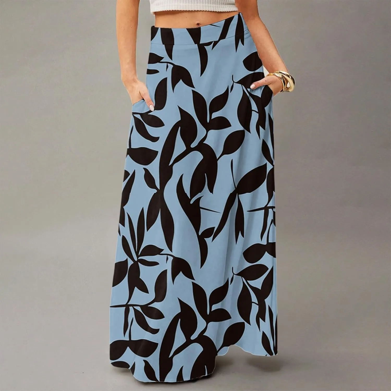 Floral Maxi Skirts for Women Trendy Summer Casual Flowy High Waisted Plus Size Long Boho Beach Skirt with Pockets