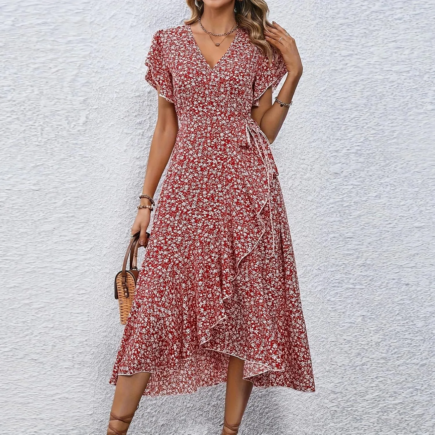 Floral Midi Dress for Women Flowy Vintage Casual A Line Wrap Dress Beach Vacation Trendy Boho V Neck Sundress
