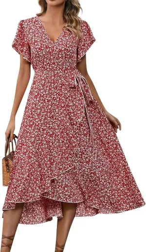 Floral Midi Dress for Women Flowy Vintage Casual A Line Wrap Dress Beach Vacation Trendy Boho V Neck Sundress