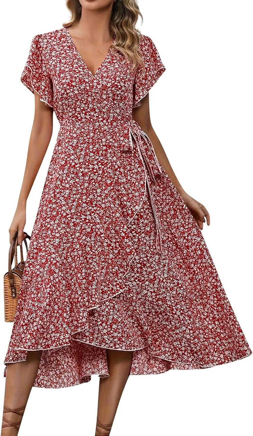 Floral Midi Dress for Women Flowy Vintage Casual A Line Wrap Dress Beach Vacation Trendy Boho V Neck Sundress