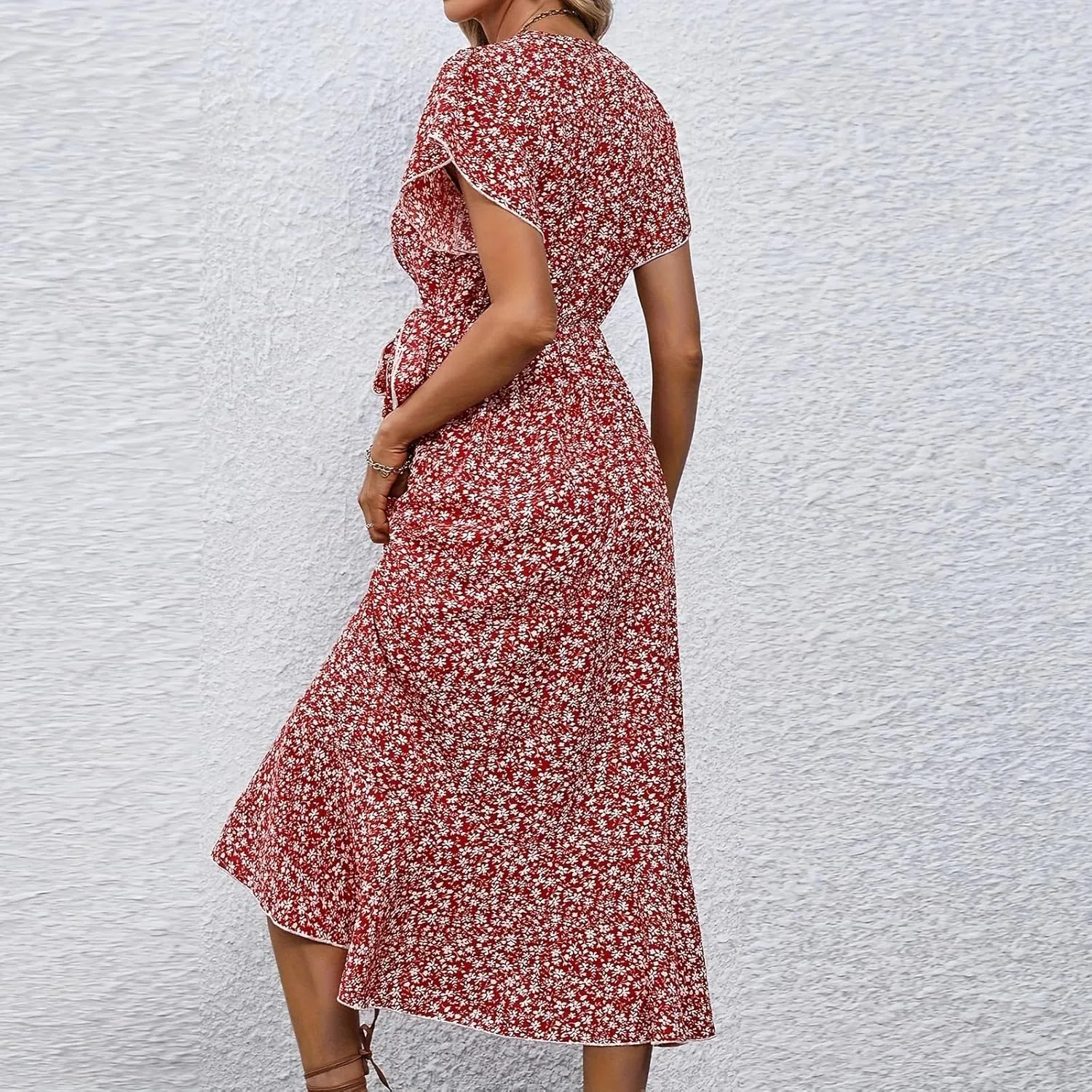 Floral Midi Dress for Women Flowy Vintage Casual A Line Wrap Dress Beach Vacation Trendy Boho V Neck Sundress