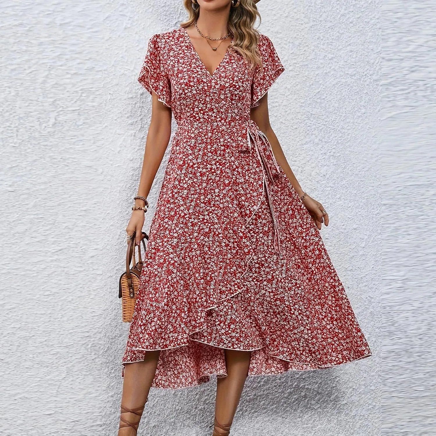 Floral Midi Dress for Women Flowy Vintage Casual A Line Wrap Dress Beach Vacation Trendy Boho V Neck Sundress