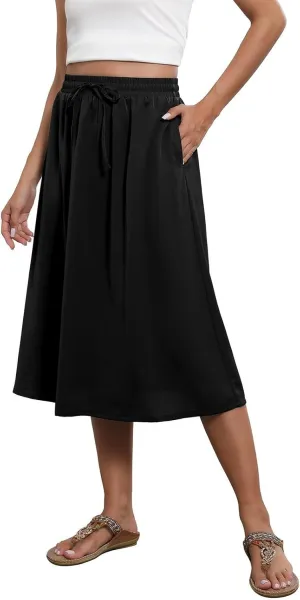 Floral Midi Skirt for Women Casual Drawstring Waist A-Line Skirts with Pockets Flowy Vintage Pleated Midi Skirts