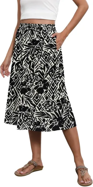 Floral Midi Skirt for Women Casual Drawstring Waist A-Line Skirts with Pockets Flowy Vintage Pleated Midi Skirts