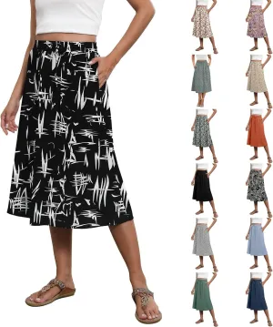 Floral Midi Skirt for Women Casual Drawstring Waist A-Line Skirts with Pockets Flowy Vintage Pleated Midi Skirts