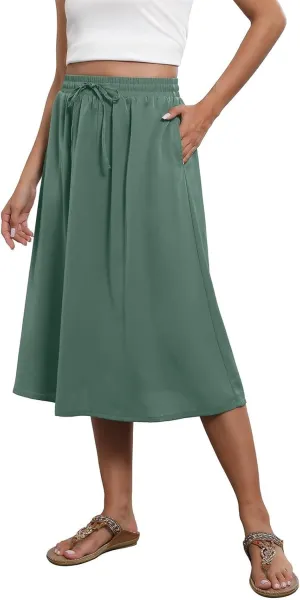 Floral Midi Skirt for Women Casual Drawstring Waist A-Line Skirts with Pockets Flowy Vintage Pleated Midi Skirts