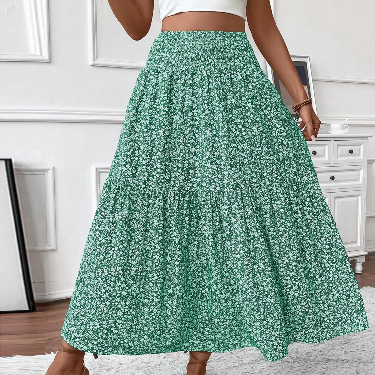 Floral Skirts for Women 2025 Spring Summer Trendy Elastic Waist Maxi Skirts Flowy Bohemian Ruffle Skirt with Pockets