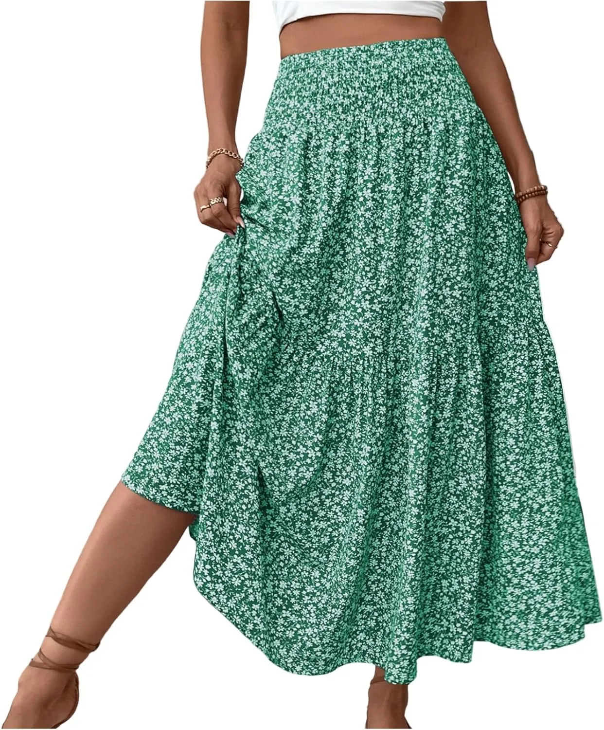 Floral Skirts for Women 2025 Spring Summer Trendy Elastic Waist Maxi Skirts Flowy Bohemian Ruffle Skirt with Pockets
