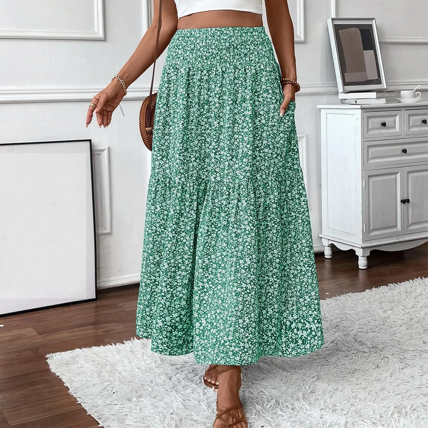 Floral Skirts for Women 2025 Spring Summer Trendy Elastic Waist Maxi Skirts Flowy Bohemian Ruffle Skirt with Pockets
